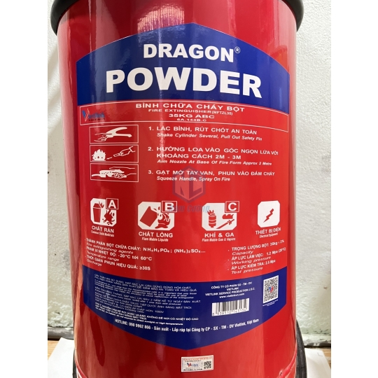 Bình chữa cháy bột ABC 35kg Dragon có tem kiểm định, bình chữa cháy xe đẩy