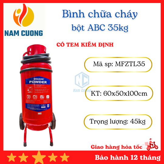 Bình chữa cháy bột ABC 35kg Dragon có tem kiểm định, bình chữa cháy xe đẩy